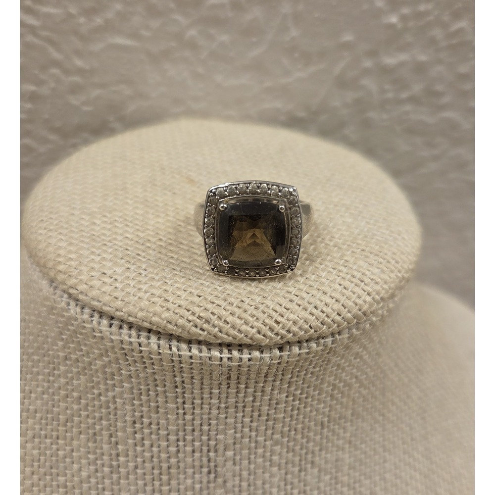 Vintage Sterling Silver‎ Smokey Quartz Halo Ring Victorian Style Size 6.5